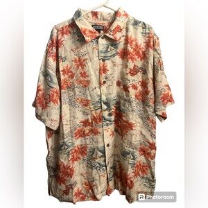 Lands End Hawaiian Shirt Mens Beige Red XXL Button Up Short Sleeve Beachwear